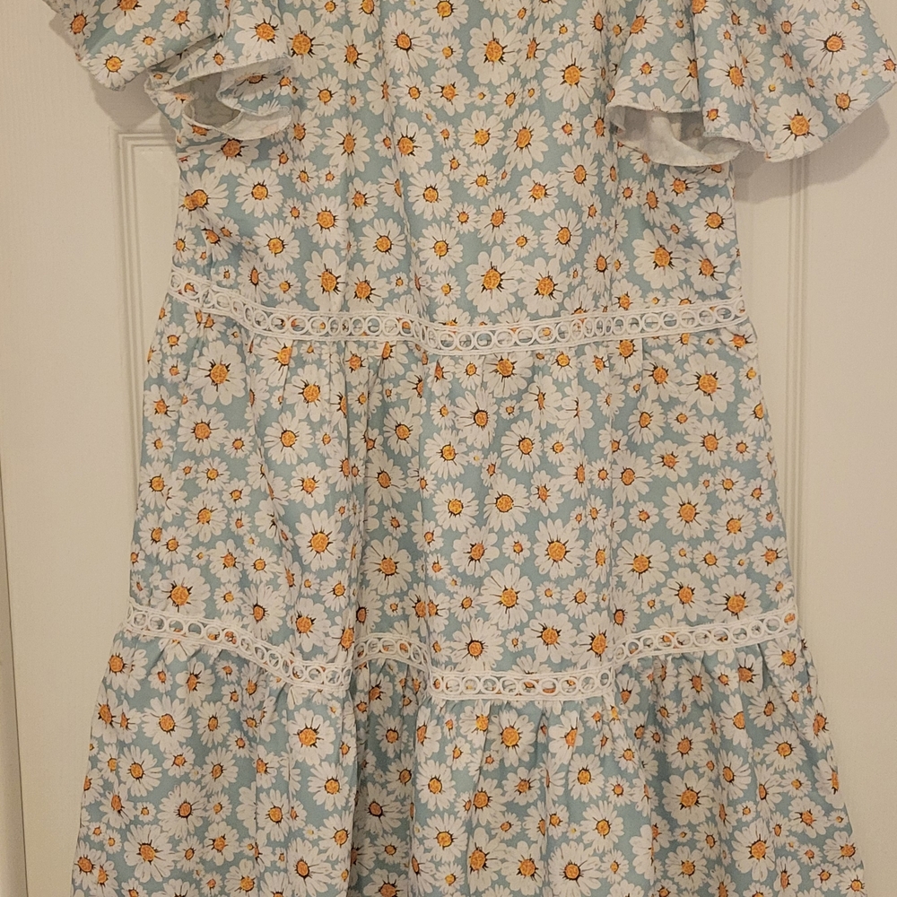 SHEIN Daisy Print Kids Dress in Blue and White